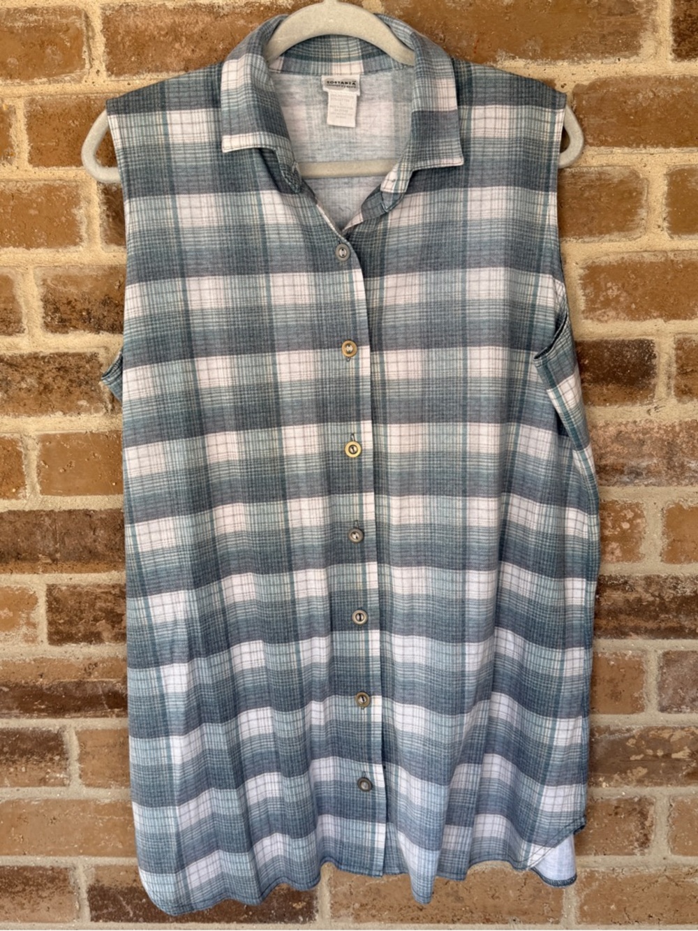 Sleeveless Plaid Button-Down Shirt in Teal and White by Sostanza